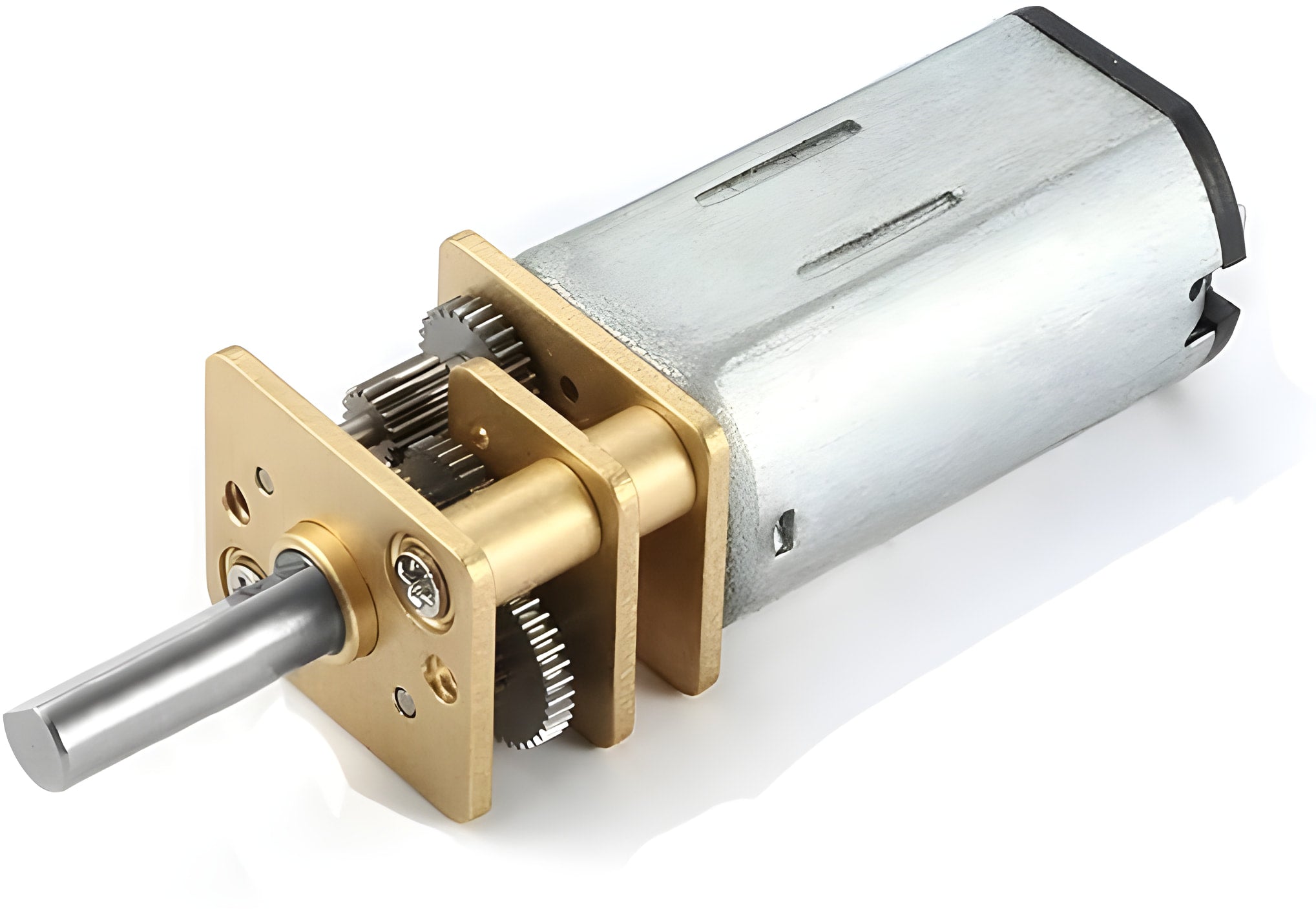 High torque N30 gear motor 5V 135RPM 3V 80RPM 12V 320RPM for robot chassis car - a silver metal motor attached to a brass-colored gearbox with an exposed gear train and a protruding drive shaft.