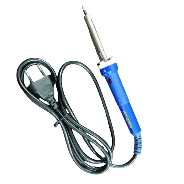 Hk-630 Mechanic Soldering Iron - a blue handle with a red indicator light, a metal tip, and a black power cord with a two-pin plug.