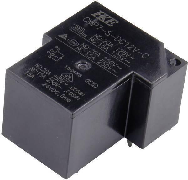 Hke T90 12V DC 20A PCB Relay - a black rectangular electronic relay component with technical specifications printed on its top surface.