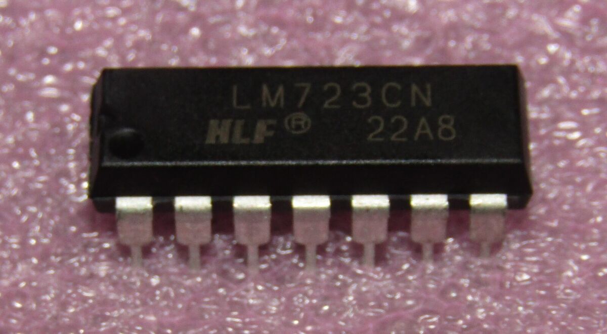 Hlf LM723 Voltage Regulator IC - a black 14-pin dual in-line package integrated circuit with LM723CN and 22A8 printed on the top surface.