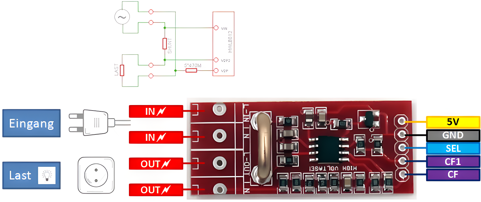 HLW8012 High Precision Energy Metering Module Arduino Energy Monitoring - a red circuit board with a shunt resistor, input/output terminals, and a five-pin header interface.