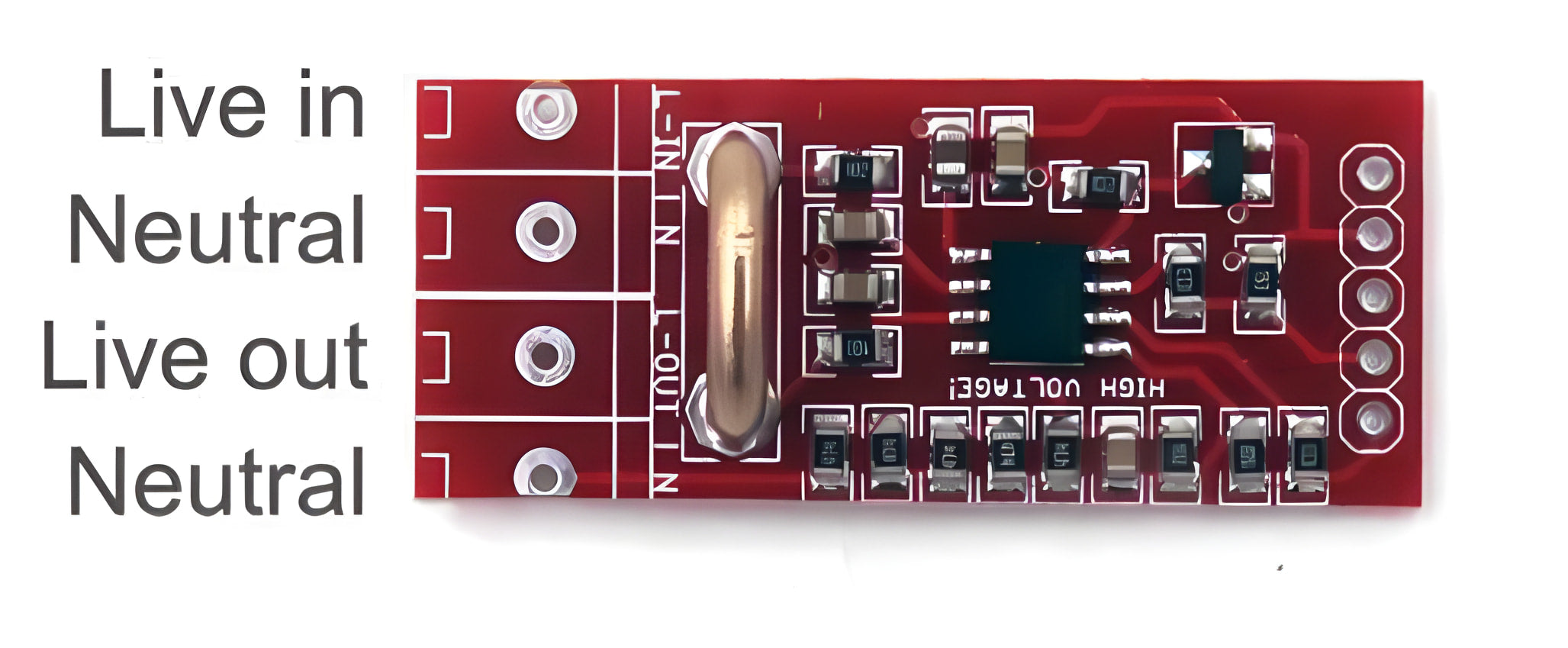 HLW8012 High Precision Energy Metering Module Arduino Energy Monitoring - a red rectangular circuit board with four through-hole connection points labeled for power input and output.