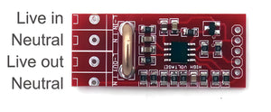 HLW8012 High Precision Energy Metering Module Arduino Energy Monitoring - a red rectangular circuit board with four through-hole connection points labeled for power input and output.