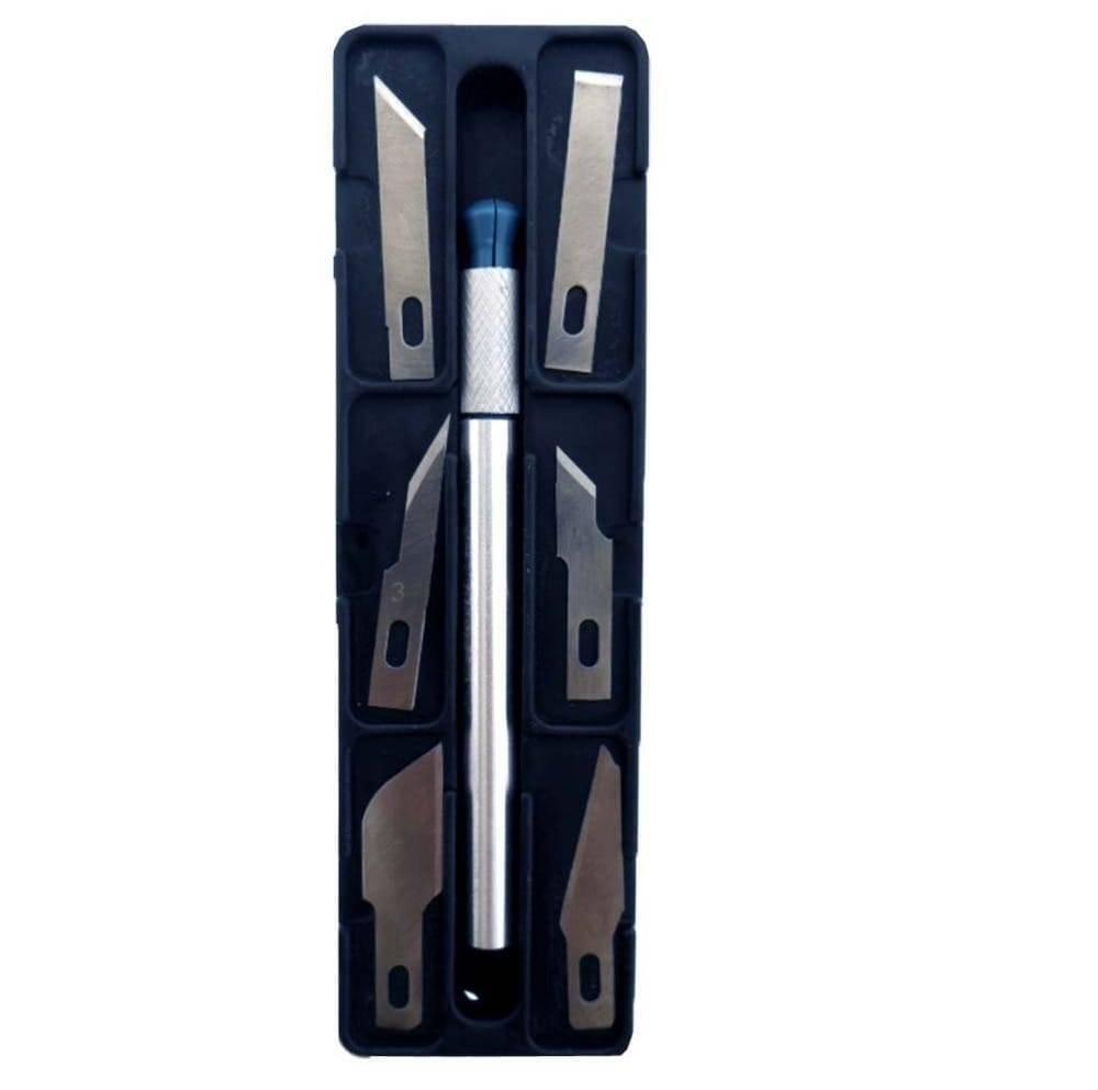 Hobby Knife Set 7pc - a silver craft knife with a blue cap and six assorted steel blades arranged in a black plastic storage tray.