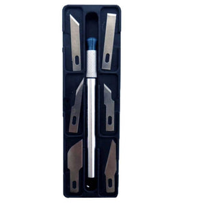 Hobby Knife Set 7pc - a silver craft knife with a blue cap and six assorted steel blades arranged in a black plastic storage tray.
