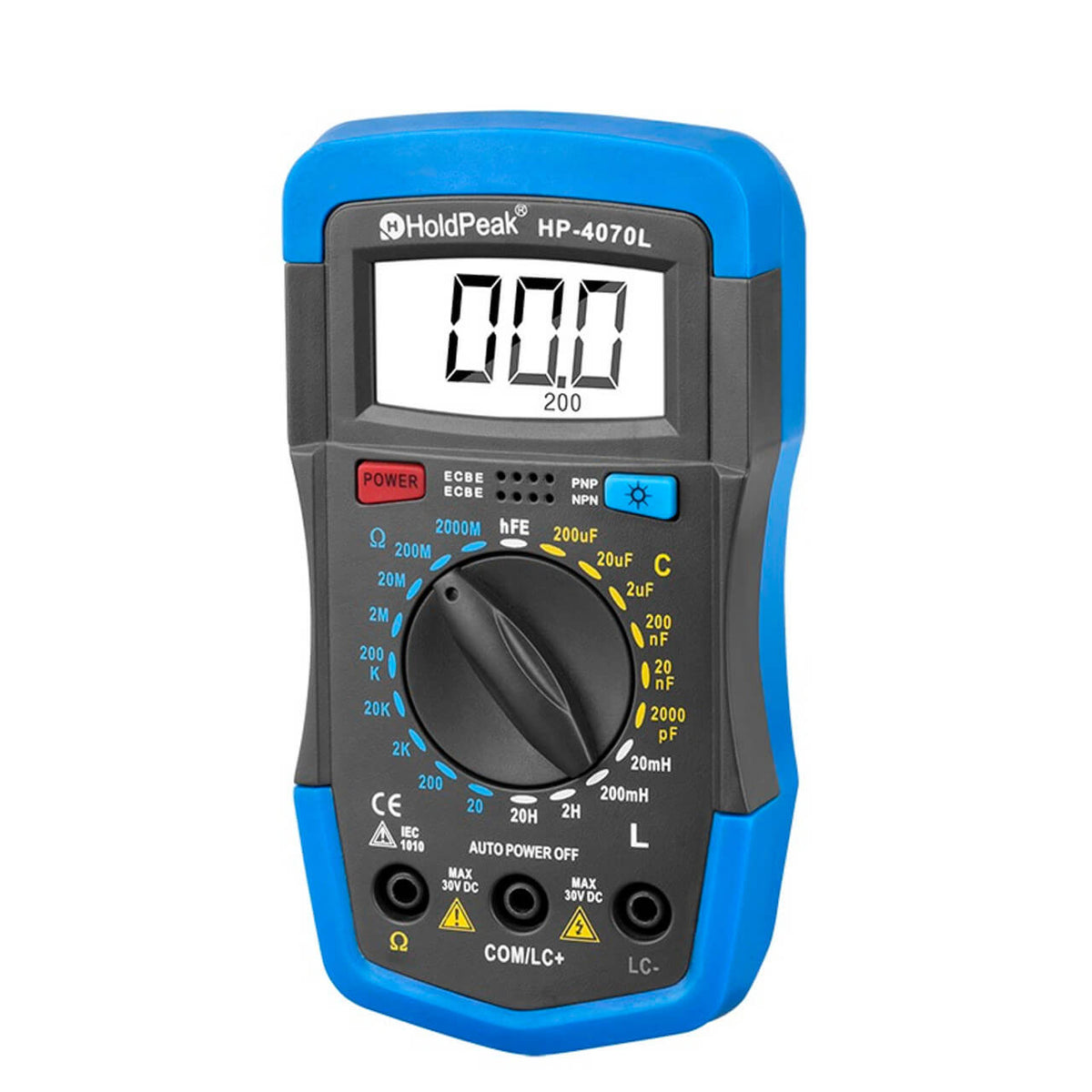 HoldPeak HP-4070L LCR Meter - blue and black handheld meter with L, C, R and hFE ranges on the dial