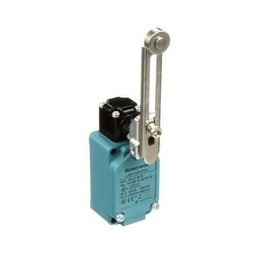 Honeywell Adjustable Roller Rotary Lever Limit Switch Szl-wlc-b - a teal rectangular industrial switch with a silver adjustable metal lever and roller.