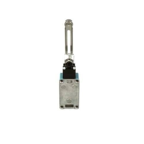 Honeywell Adjustable Roller Rotary Lever Limit Switch Szl-wlc-b - a blue and silver industrial switch with an adjustable metal roller lever arm.