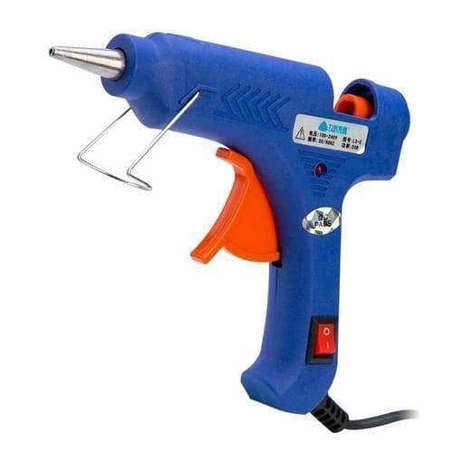 Hot Melt ABC-E15W Glue Gun For 7mm Glue Rod - a blue handheld glue gun with an orange trigger, a metal stand, and a red power switch on the handle.