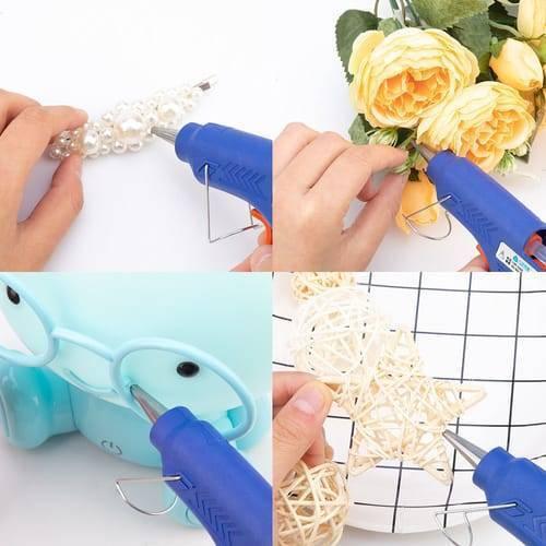 Hot Melt ABC-E15W Glue Gun For 7mm Glue Rod - shown in a four-part collage applying adhesive to a pearl hair clip, artificial flowers, a toy, and a star.