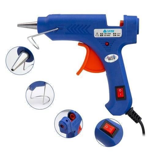 Hot Melt ABC-E15W Glue Gun For 7mm Glue Rod - a blue glue gun with an orange trigger, a red power switch, a metal stand, and circular insets highlighting its details.