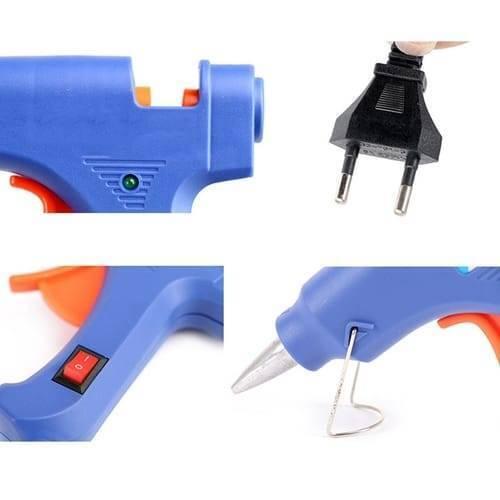 Hot Melt ABC-E15W Glue Gun For 7mm Glue Rod - shown in a four-part collage featuring the blue body, power plug, on-off switch, and metal stand.