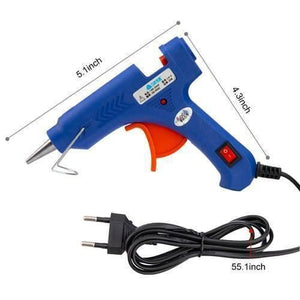 Hot Melt ABC-E15W Glue Gun For 7mm Glue Rod - shown with dimension lines, an orange trigger, an on-off switch, and an attached power cord with a plug.