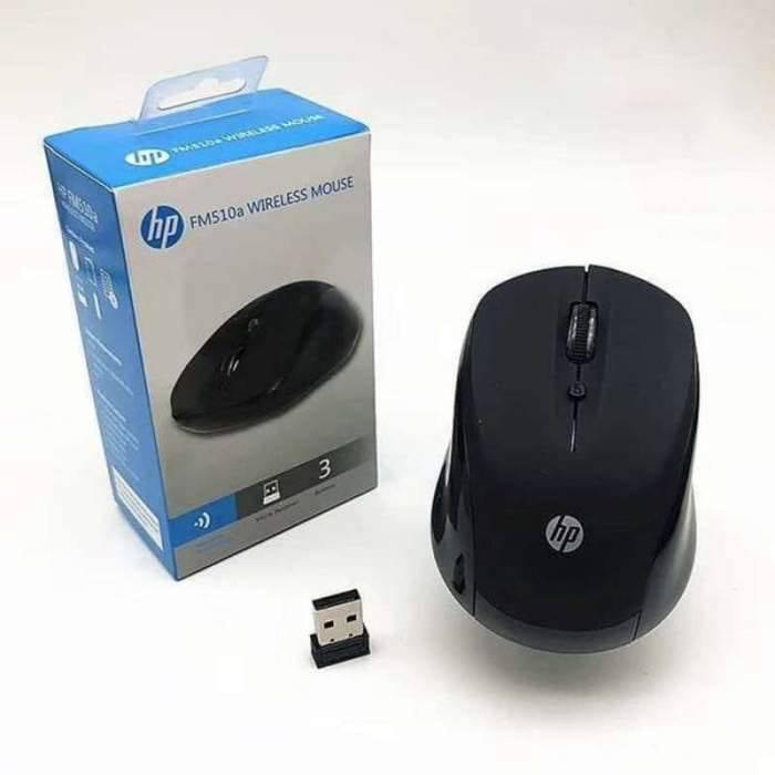 Hp 2.4GHz Optical USB Wireless Mouse FM510A Laptop Pc Computer Mice High Copy - its packaging box, and a small USB receiver, all in black.