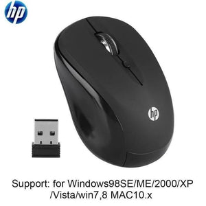 Hp 2.4GHz Optical USB Wireless Mouse FM510A Laptop Pc Computer Mice High Copy - a black wireless mouse with a scroll wheel and its accompanying USB receiver.