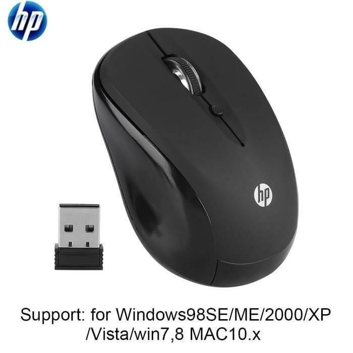 Hp 2.4GHz Optical USB Wireless Mouse FM510A Laptop Pc Computer Mice High Copy - a black wireless mouse with a scroll wheel and its accompanying USB receiver.