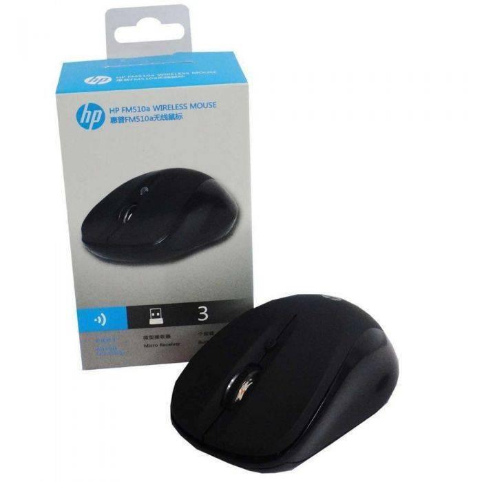 Hp 2.4GHz Optical USB Wireless Mouse FM510A Laptop Pc Computer Mice High Copy - shown with its black optical mouse and its original white and blue packaging box.