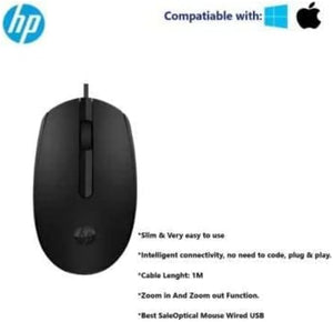 Hp Mouse Wired M10 Black - slim, wired optical mouse with a scroll wheel, shown next to a list of product features and compatibility icons.