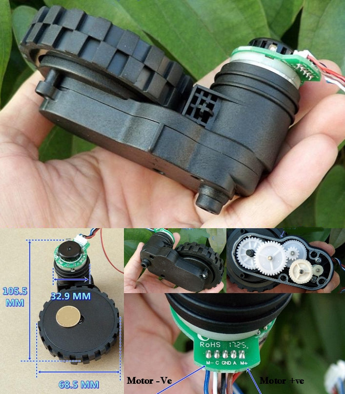 Hq Encoder Gear Motor With Wheel High Torque DIY Robot - shown in multiple views with dimensions, internal gears, and labeled M-, GND, A, and M+ pins.