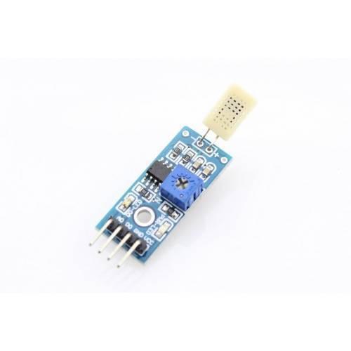 HR202 Humidity Sensor - a beige sensor head, a blue potentiometer, and a four-pin connector on a blue rectangular circuit board.