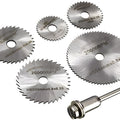 Hss Circular Saw Blade Set For Metal & Dremel Rotary Tools - five silver circular saw blades of varying sizes and one metal mandrel accessory.