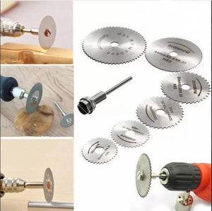 Hss Circular Saw Blade Set For Metal & Dremel Rotary Tools - a collection of silver circular blades, a mandrel, and their use with rotary tools.