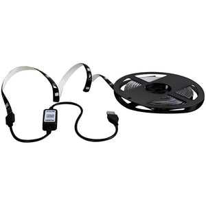 HT-5050-B3 Bluetooth V4.2 RGB LED Strip with App Control - a black circular reel of LED strip lights connected to a black controller box with a USB connector cable.
