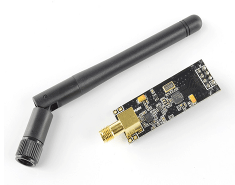Hw-237 2.4GHz NRF24L01+pa+lna SMA Wireless Transceiver Module With Antenna - shown as a black circuit board with a gold SMA connector and a detached black antenna.