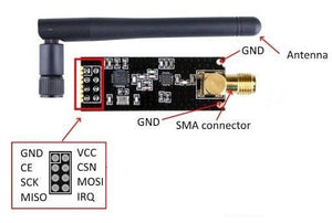 Hw-237 2.4GHz NRF24L01+pa+lna SMA Wireless Transceiver Module With Antenna - black antenna, an SMA connector, and an 8-pin header with labels for GND, VCC, CE, CSN, SCK, MOSI, MISO, IRQ.