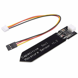 Hw-330 Capacitive Soil Moisture Sensor Arduino Soil Moisture Sensor - a black, pointed circuit board with a white connector and an attached three-wire cable with a female header.