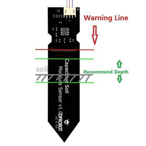 Hw-330 Capacitive Soil Moisture Sensor Arduino Soil Moisture Sensor - a black, blade-shaped sensor with a white connector and an overlay diagram indicating soil insertion depth.