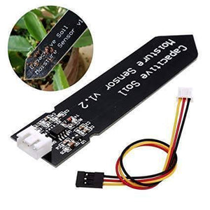 Hw-330 Capacitive Soil Moisture Sensor Arduino Soil Moisture Sensor - the black sensor board with a white connector and a three-wire cable, with an inset of it in soil.