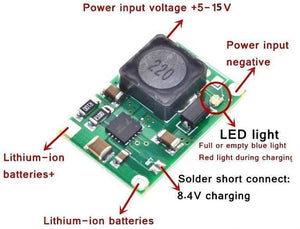 Hw-370 TP5100 2A Li Ion Battery Charger Module - a green circuit board with a black inductor, a small LED, and labeled solder points for power and battery.