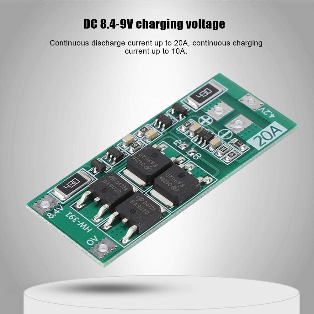 HW-391 20A 2S BMS 8.4-9V Lithium Battery Protection Board Balanced Version - a green rectangular circuit board with multiple electronic components, MOSFETs, and solder pads.