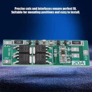 HW-391 20A 2S BMS 8.4-9V Lithium Battery Protection Board Balanced Version - a green rectangular circuit board with electronic components, marked with 8.4V, 0V, 4.2V, and 20A labels.