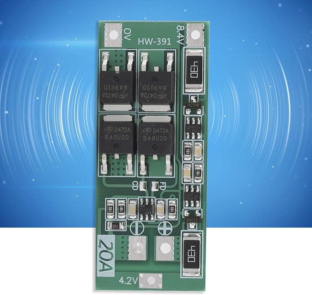 HW-391 20A 2S BMS 8.4-9V Lithium Battery Protection Board Balanced Version - a green rectangular circuit board with four D472A MOSFETs, resistors, and solder pads.