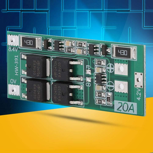 HW-391 20A 2S BMS 8.4-9V Lithium Battery Protection Board Balanced Version - a green rectangular circuit board with four black components, labeled 8.4V, 0V, 4.2V, and 20A.