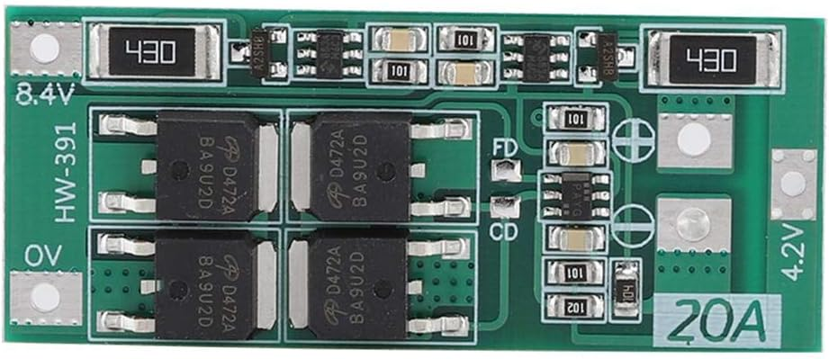 HW-391 20A 2S BMS 8.4-9V Lithium Battery Protection Board Balanced Version - a green rectangular circuit board featuring four black MOSFETs, resistors, and labeled connection points.