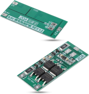 HW-391 20A 2S BMS 8.4-9V Lithium Battery Protection Board Balanced Version - two green circuit boards, one with top-side text and the other with visible black MOSFETs, resistors, and solder pads.