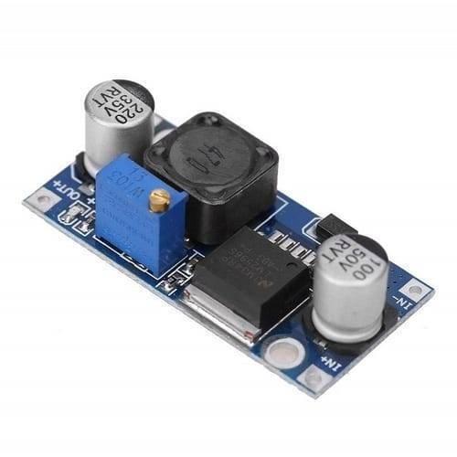 HW-411A LM2596 DC To DC Buck Converter Step Down Module Power Supply - a blue circuit board with a gold adjustment screw, a black inductor, and two cylindrical capacitors.