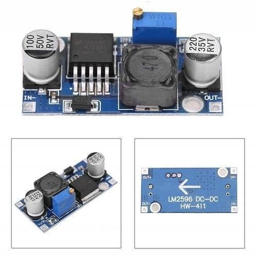 HW-411A LM2596 DC To DC Buck Converter Step Down Module Power Supply - a blue circuit board with a potentiometer, inductor, two capacitors, and input/output solder pads.