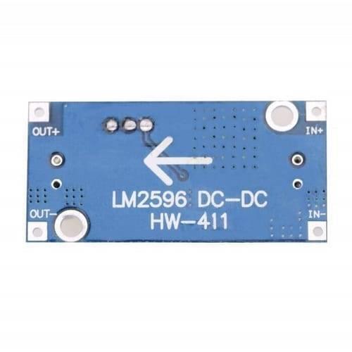 HW-411A LM2596 DC To DC Buck Converter Step Down Module Power Supply - the blue rectangular circuit board with labeled IN+, IN-, OUT+, and OUT- connection points.