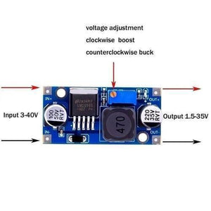 HW-411A LM2596 DC To DC Buck Converter Step Down Module Power Supply - a blue circuit board with a voltage adjustment screw, input and output terminals, and components.