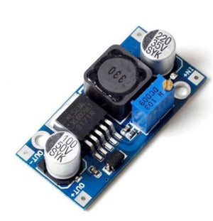 Hw-432 XL6009 DC To DC Boost Converter Voltage Booster - a blue rectangular circuit board with a black inductor, a silver potentiometer, and two cylindrical capacitors.