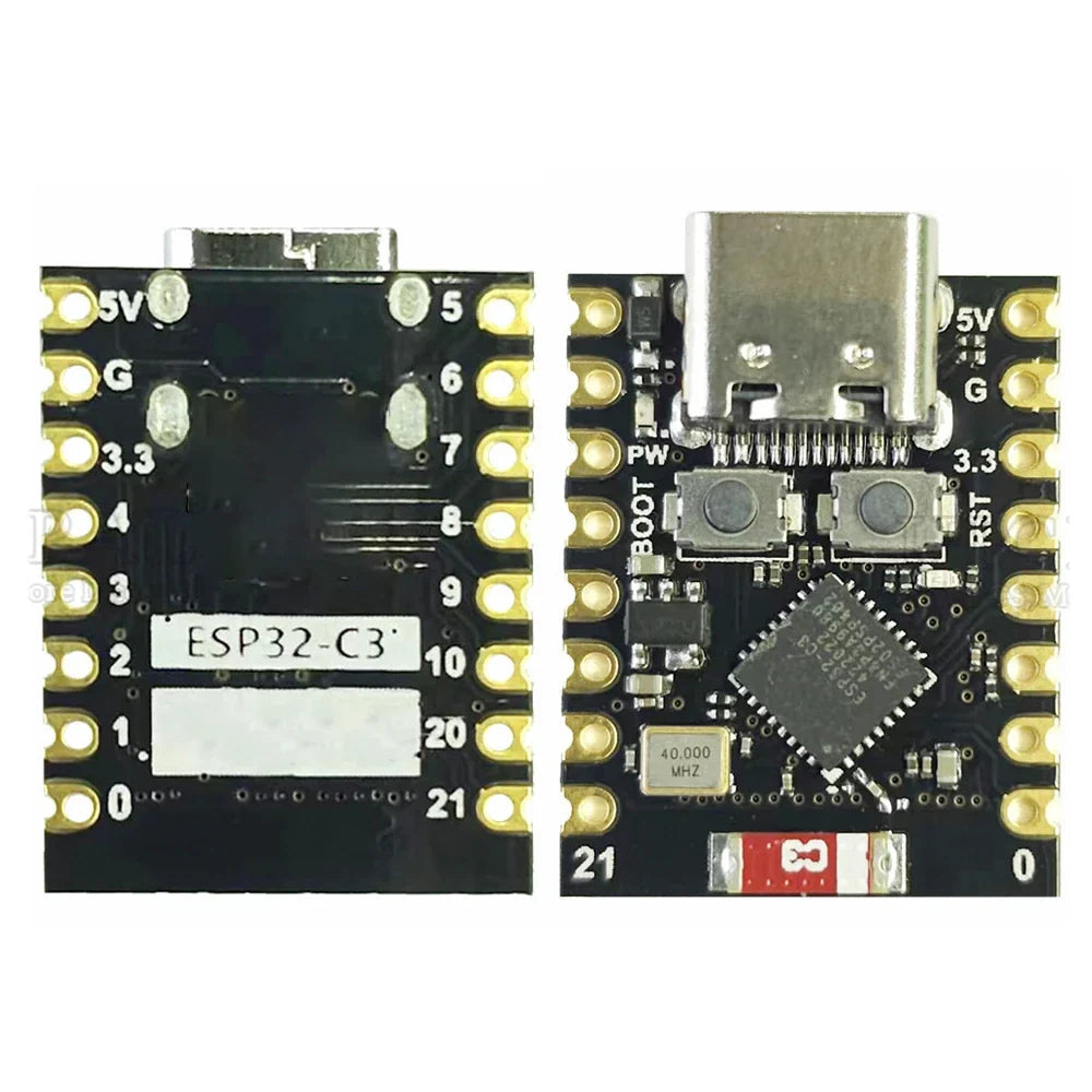 HW-466AB ESP32 C3 Super Mini Development Board ESP32-C3FH4 - the front and back sides with a USB-C port, two buttons, and labeled pin headers on a black board.