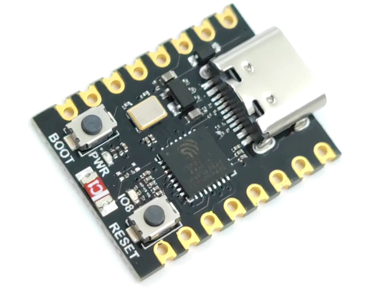 HW-466AB ESP32 C3 Super Mini Development Board ESP32-C3FH4 - a black circuit board featuring a USB-C port, two buttons labeled BOOT and RESET, and gold pin headers.