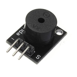 Hw-508 Small Passive Buzzer Module Applicable For Ky-006 - a black electronic component featuring a circular buzzer and a three-pin connector on a rectangular circuit board.