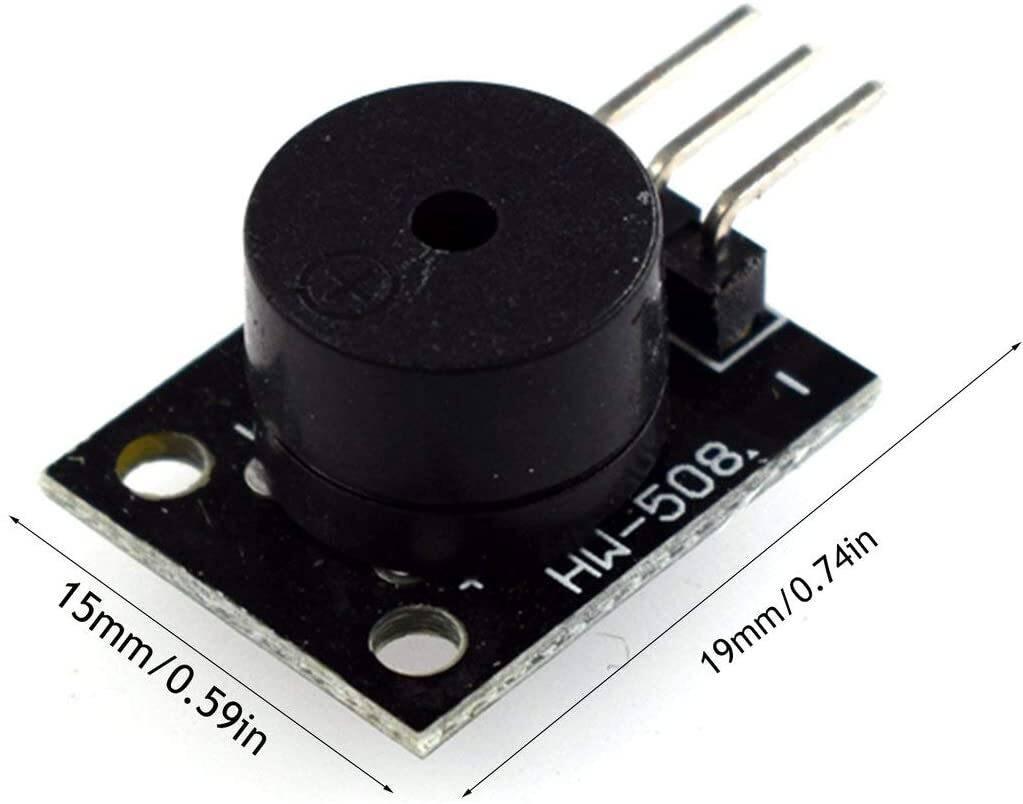 Hw-508 Small Passive Buzzer Module Applicable For Ky-006 - black circular buzzer on a square circuit board with three connector pins and dimension labels.