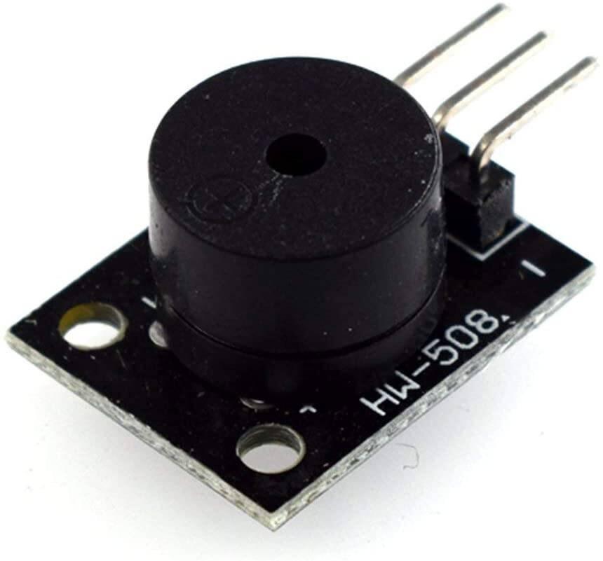 Hw-508 Small Passive Buzzer Module Applicable For Ky-006 - black circular buzzer component on a square circuit board with three metal connector pins.