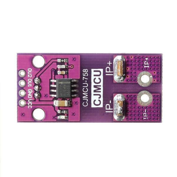 Hw-525 ACS758 50A Range Hall Effect Linear Current Sensor Module - a purple rectangular circuit board with a central IC, four pin headers, and two large IP+ and IP- terminals.
